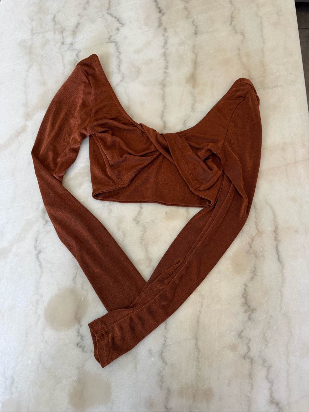 Rust Brown Twist-Front Long Sleeve Crop Top